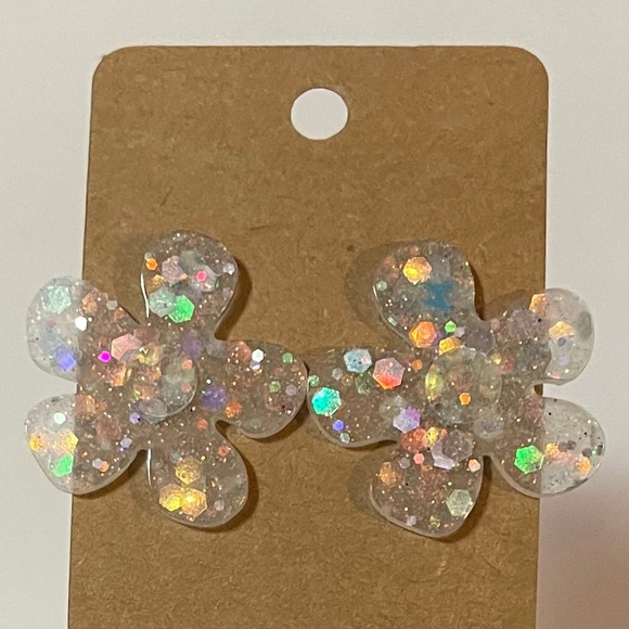 Handmade epoxy resin large flower earrings - translucent holographic glitter - Picture 1 of 4